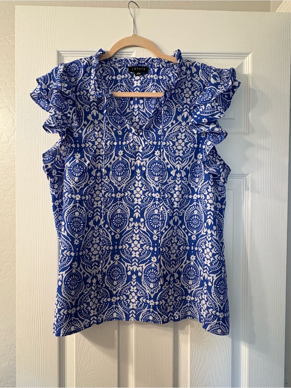 Blue & White Printed Ruffle Sleeve Blouse